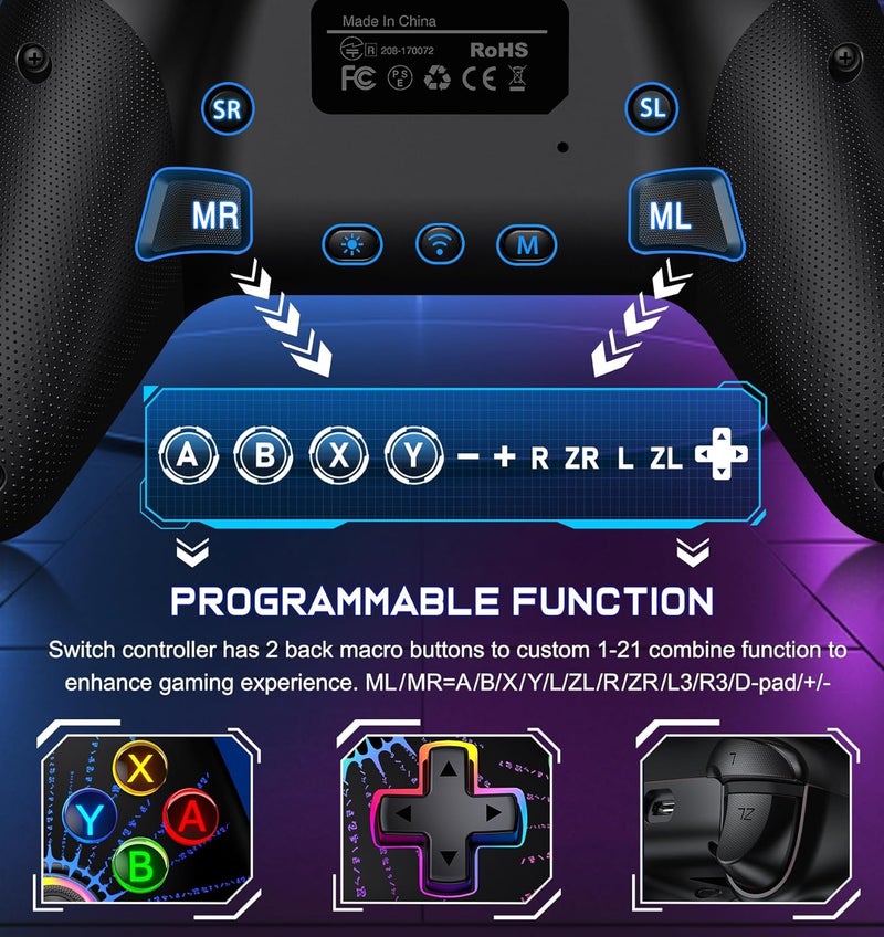 NinjaPlusOX Wireless Switch Controller for Nintendo Switch/Switch 2/Lite/OLED, Switch Pro Controller support iOS/Android/Windows PC, Switch Remote Gamepad with Programmable Macro/Turbo/Motion Control/Vibration/Wake Up - Image 3